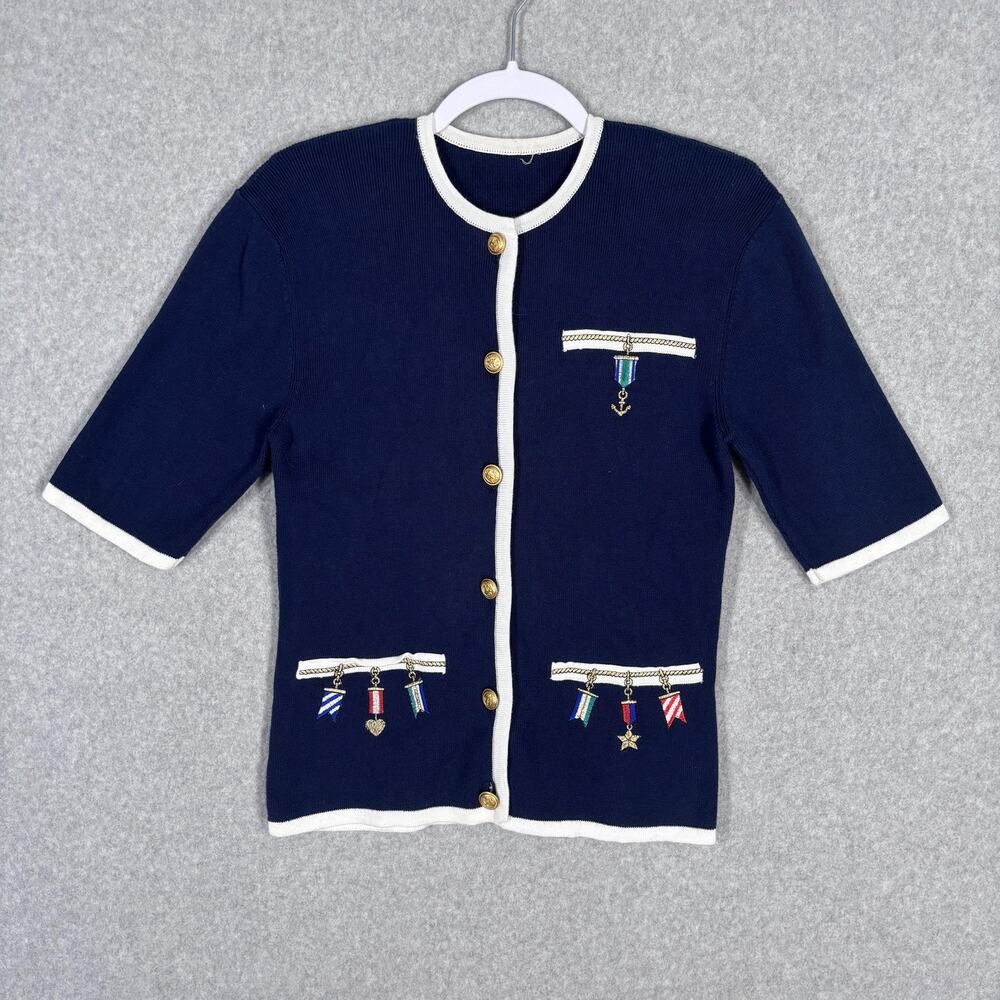 VTG Nautical Embroidered Cardigan Sweater Medium Gold‎ Buttons Anchor Preppy